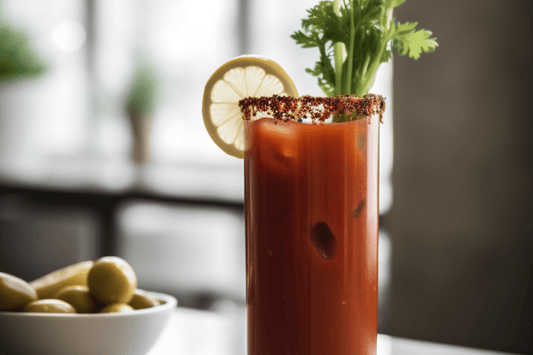 Pittige klassieke Bloody Mary -cocktail met selderij zoutrand en augurk garnering