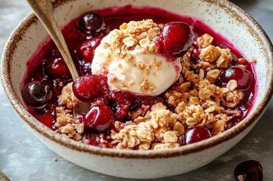 Croustillant à cerise épicée chaude à la garniture de crumble d'avoine