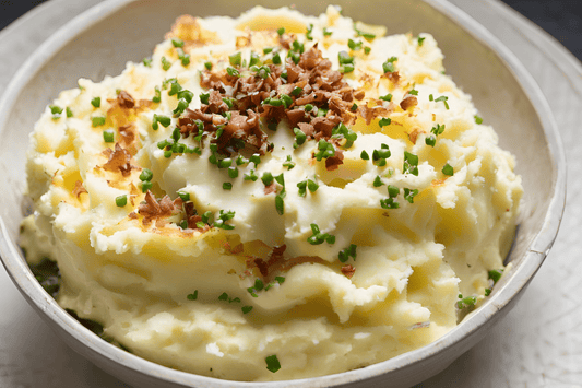 Cremet belastede kartoffelmos med cheddar, bacon og purløg