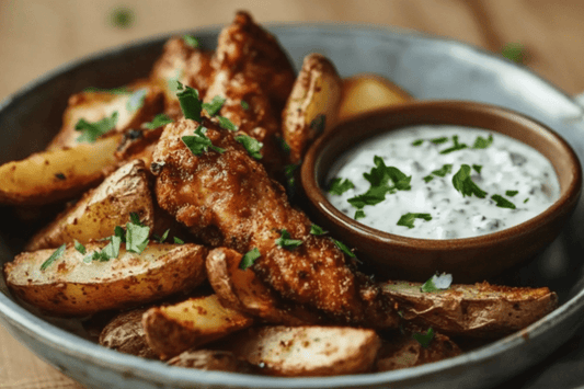 Knapperige oven-gebakken kip fakeaway met gekruide wiggen en knoflook yoghurt dip