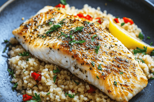 Pan-aangebraden zeebaars met citroenbotersaus en kruidencouscous