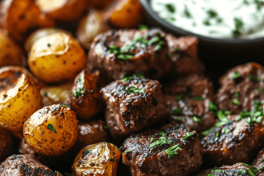 Diner op zaterdagavond: knoflook boter steakbites met geroosterde babyaardappelen en gekruide aioli