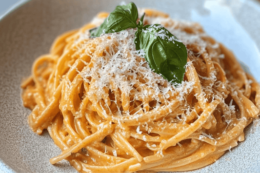 Snelle romige tomaten knoflook pasta met basilicum en parmezaanse kaas