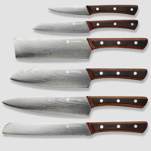 Yuhi - Ensemble de 6 couteaux de cuisine à motif damas avec poignées en bois de Pakka et coffret cadeau