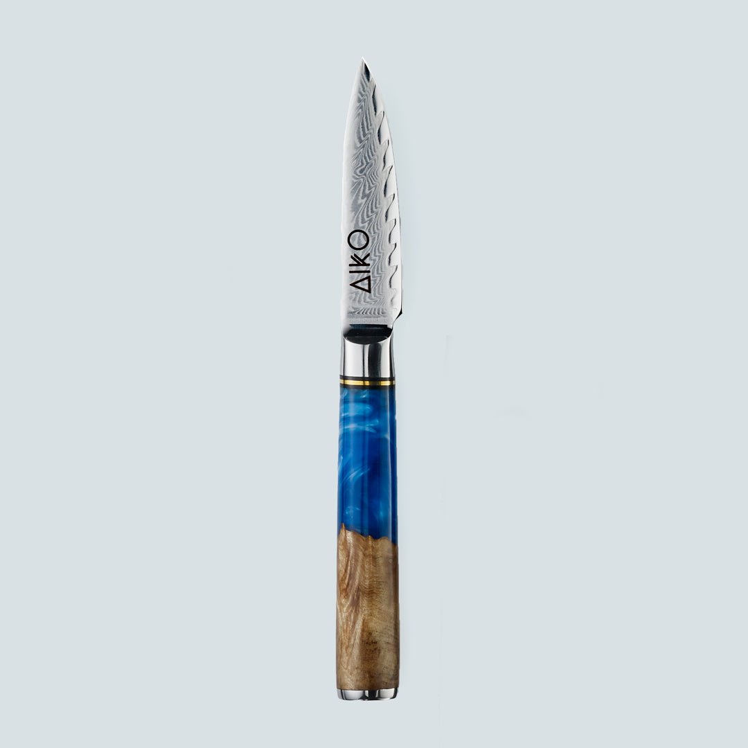 Aiko Blue (あいこ, アイコ) Damascus stalen mes met gekleurde blauwe harshandgreep
