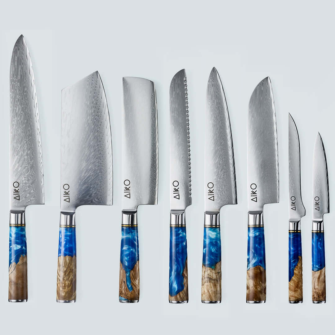 Aiko Blue (あいこ, アイコ) Damascus stalen mes met gekleurde blauwe harshandgreep