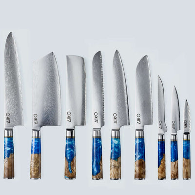 Aiko Blue Damascus stalen mes met gekleurde blauwe harshandgreep