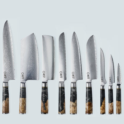 Aiko Black Damascus stalen mes met gekleurde zwarte harshandgreep