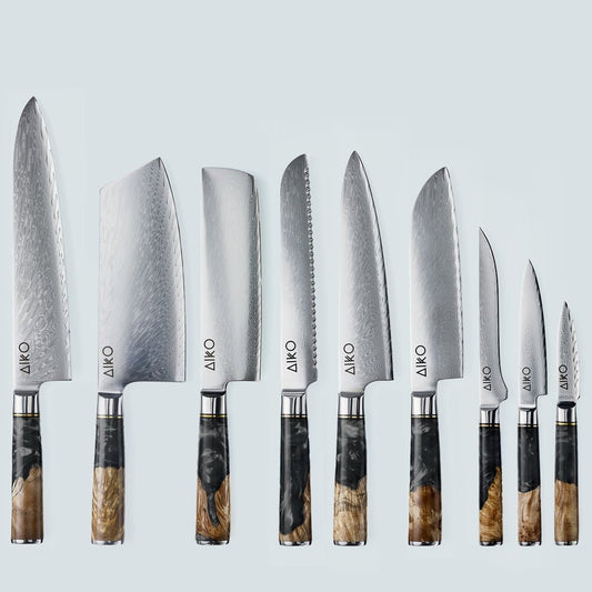 Aiko Black (あいこ, アイコ) Damascus stalen mes met gekleurde zwarte harshandgreep