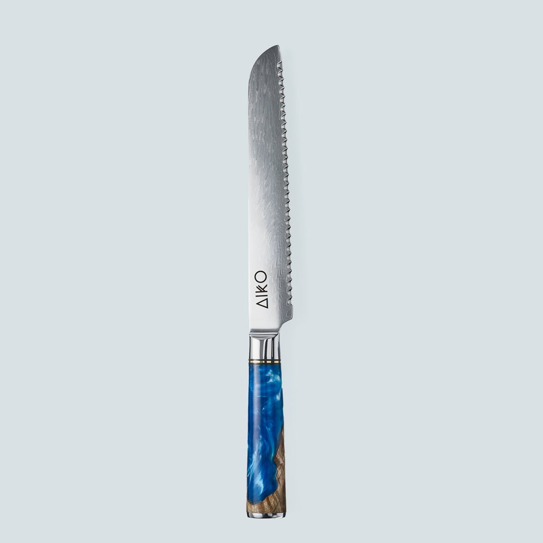 Aiko Bleu (あいこ, アイコ) Damas Steel Couteau avec manche en résine bleu colorée