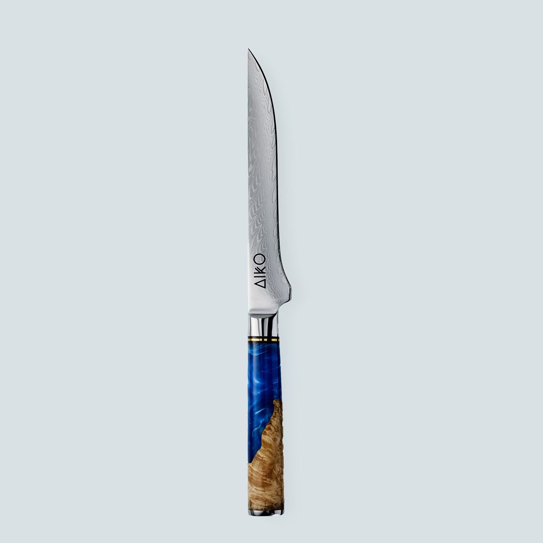 Aiko Bleu (あいこ, アイコ) Damas Steel Couteau avec manche en résine bleu colorée
