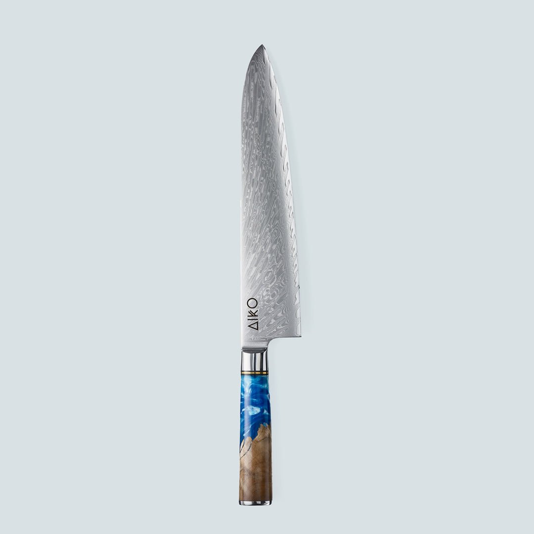 Aiko Blue (あいこ, アイコ) Damascus stalen mes met gekleurde blauwe harshandgreep