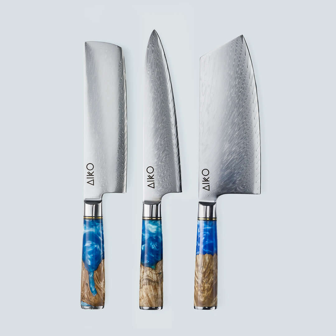 Aiko Blue (あいこ, アイコ) Damascus stalen mes met gekleurde blauwe harshandgreep