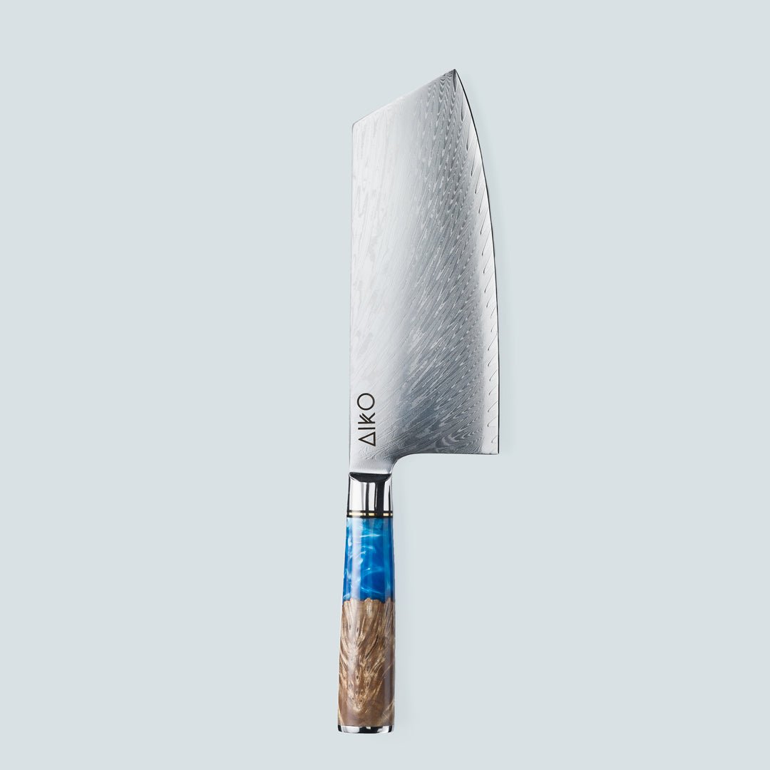 Aiko Blue (あいこ, アイコ) Damascus stalen mes met gekleurde blauwe harshandgreep