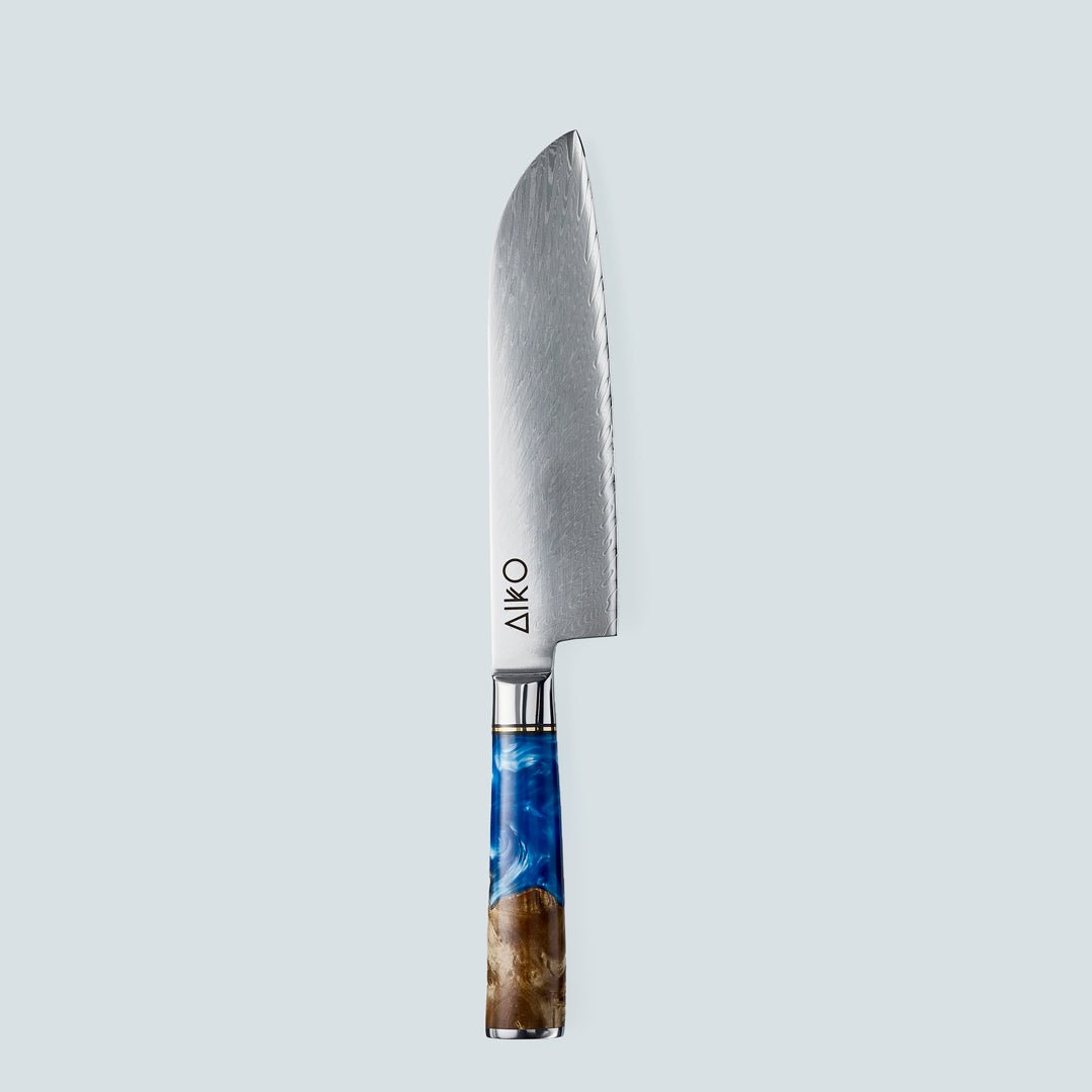 Aiko Bleu (あいこ, アイコ) Damas Steel Couteau avec manche en résine bleu colorée