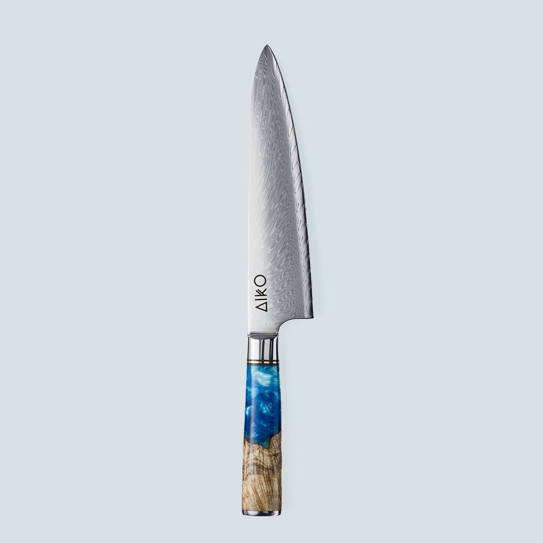 Aiko Bleu (あいこ, アイコ) Damas Steel Couteau avec manche en résine bleu colorée