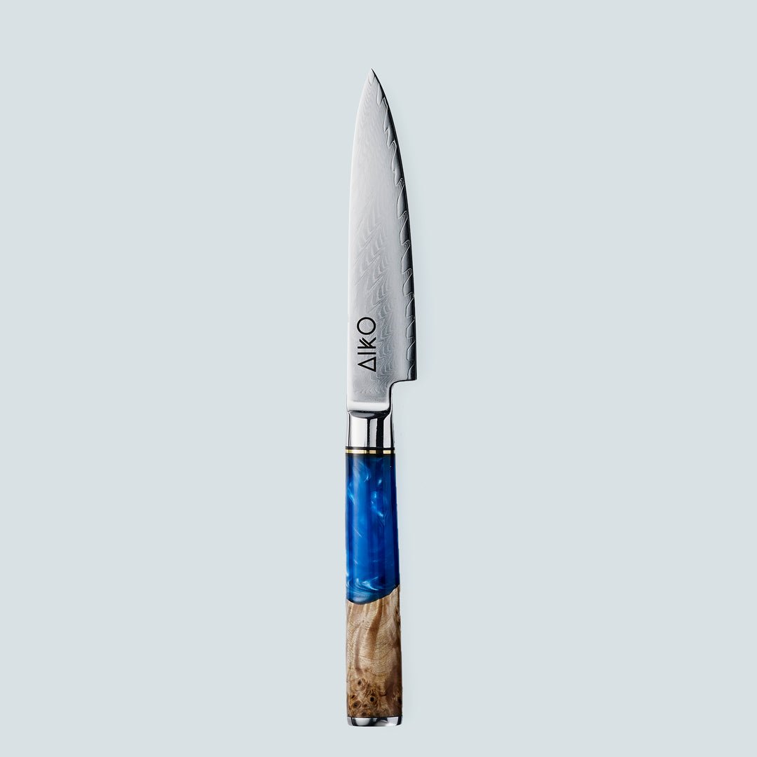 Aiko Blue (あいこ, アイコ) Damascus stalen mes met gekleurde blauwe harshandgreep
