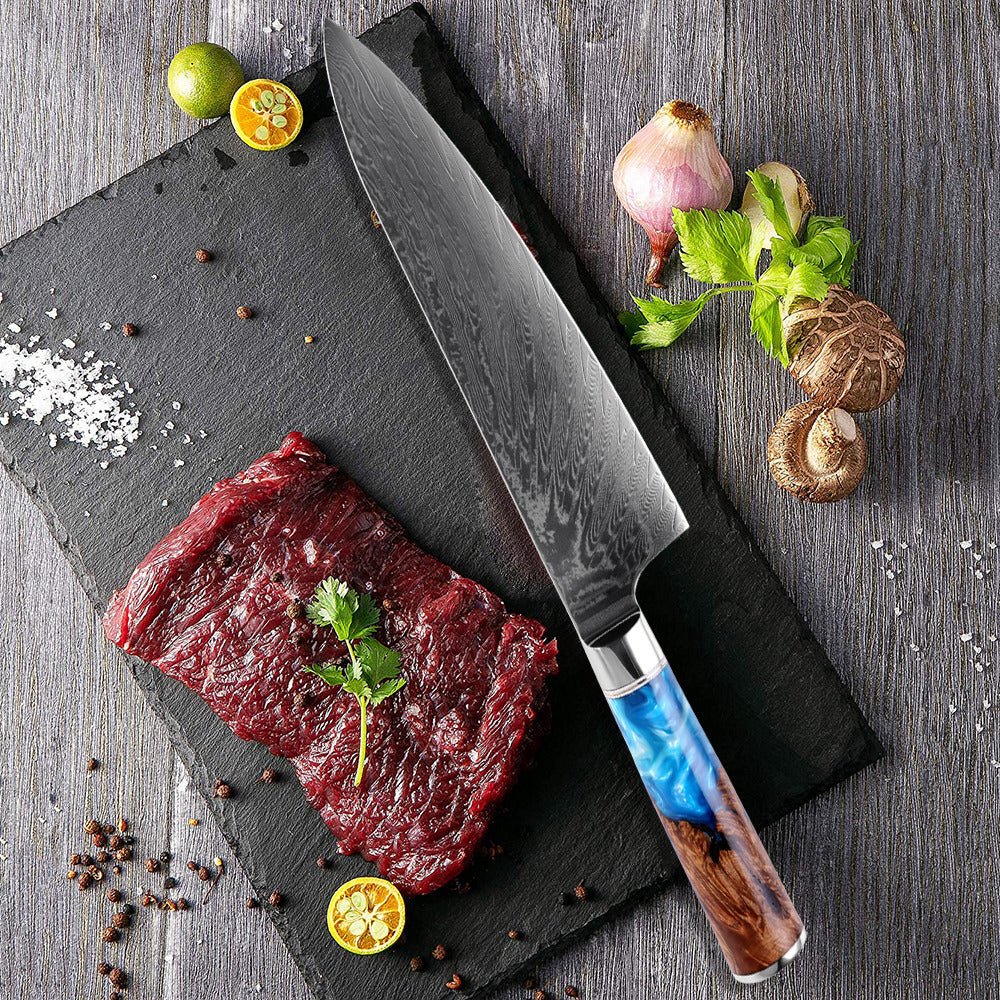 Gyuto (牛刀) Damaskus stålkniv med farvet blå harpikshåndtag