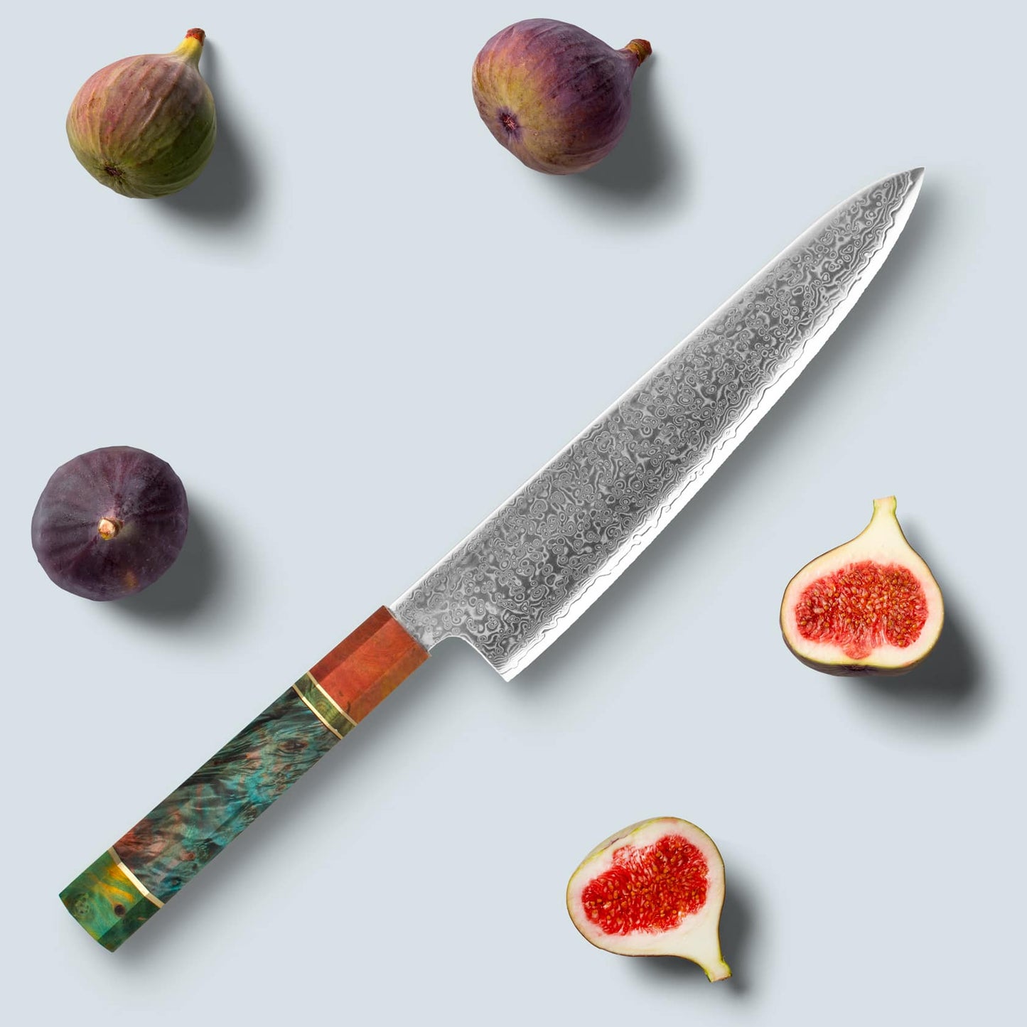 Ichika (いちか) Damaskus stålkniv med farvet ottekantet håndtag