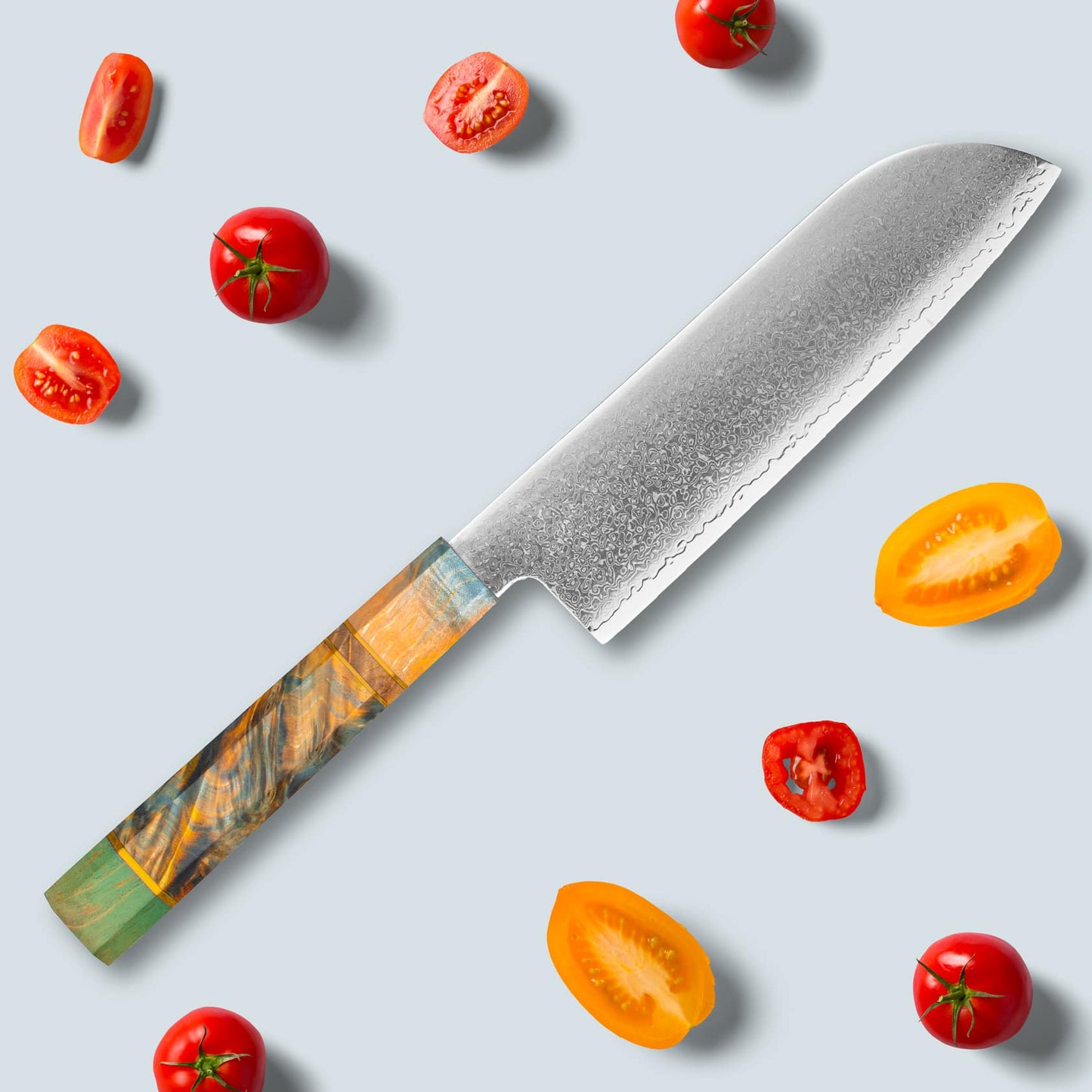 Ichika (いちか) Damaskus stålkniv med farvet ottekantet håndtag