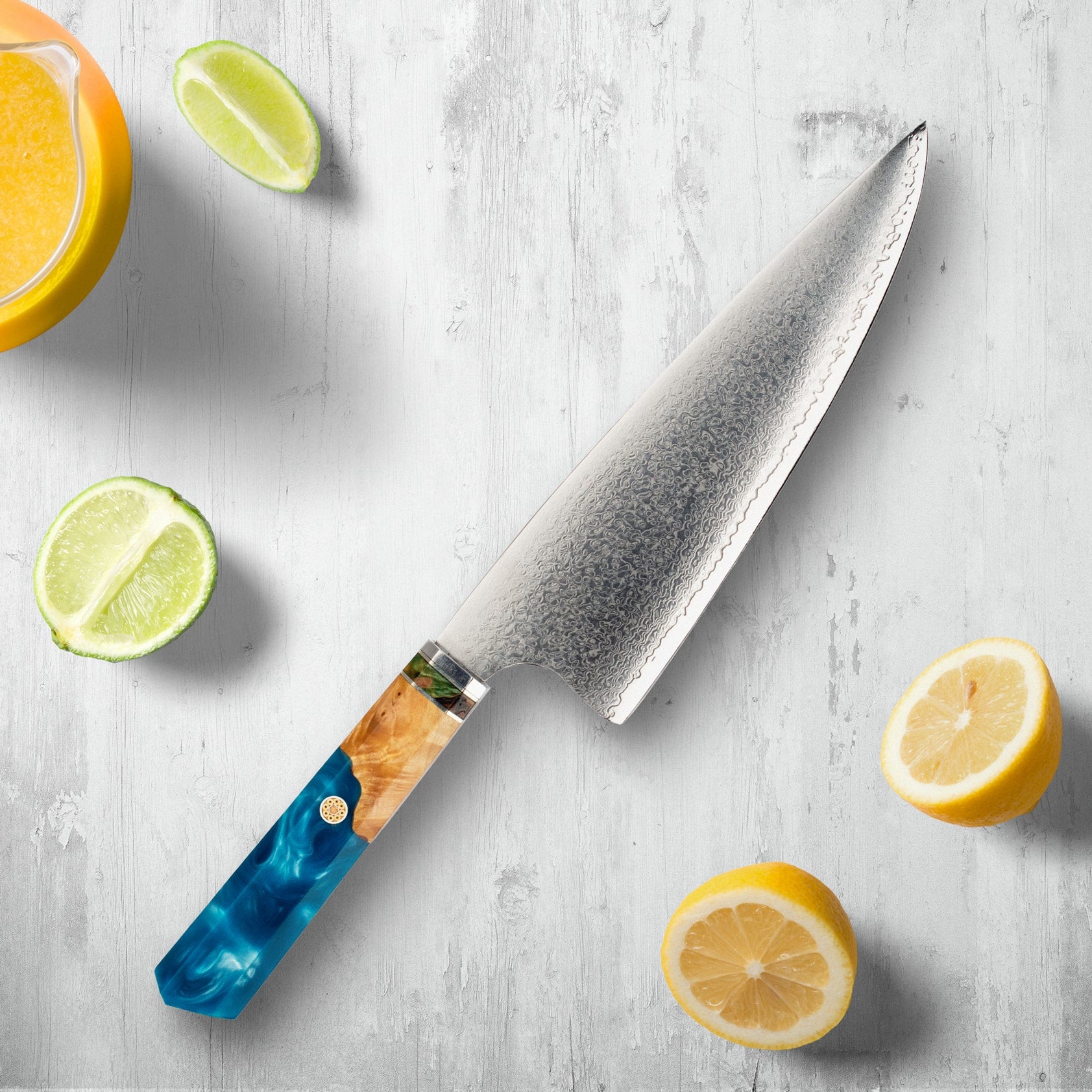Makito Damascus stalen messen met gekleurde blauwe harshandgreep