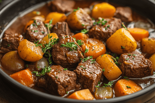 Hearty Diced Beef and Red Wine Stew with Root Vegetables