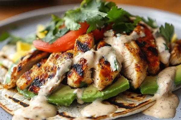 Grillet kyllingevocadoindpakning med krydret yoghurt sauce