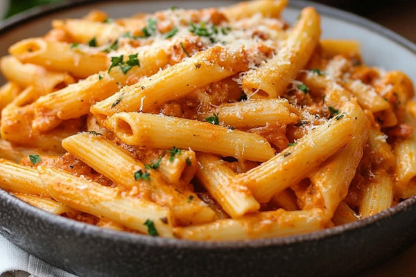 Cremet Penne Alla vodka med parmesan og frisk basilikum