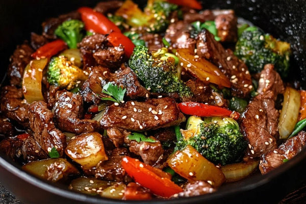 Sizzling Beef Stir Fry med sprøde grøntsager og ingefær soja glasur