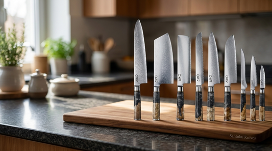 Damascus VG10 Japanese knives on a wooden chopping board, VG10 vs AUS-10 steel comparison