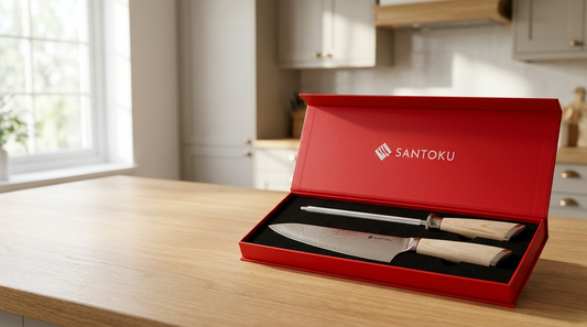 A Haruta Japanese chef knife and 13-inch diamond honing steel on a wooden kitchen worktop