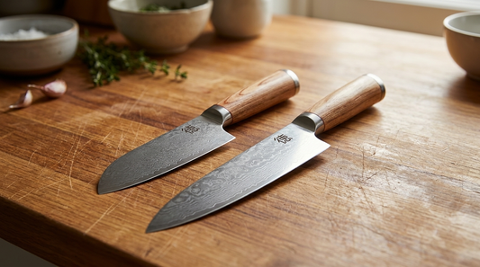 Haruta Japanese santoku knife and longer gyuto chef knife side by side on a wooden kitchen worktop