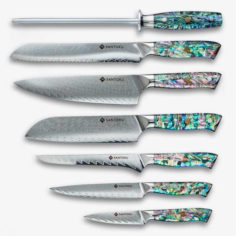 Chikashi Damascus stalen messenset met abalone handvat