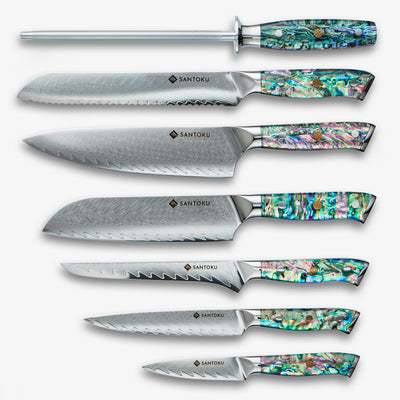 Chikashi (ちかし) Damaskus stålkniv med abalonehåndtag