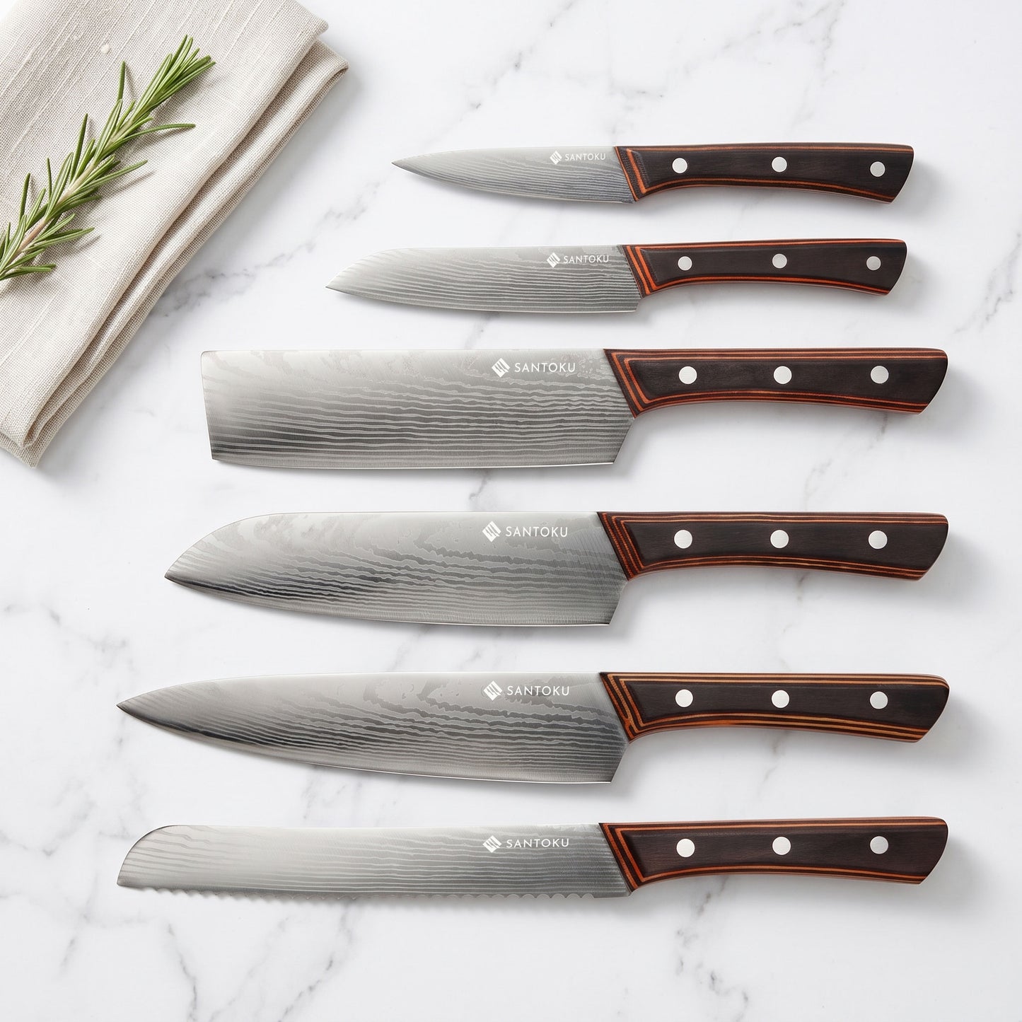 Yuhi - Ensemble de 6 couteaux de cuisine à motif damas avec poignées en bois de Pakka et coffret cadeau