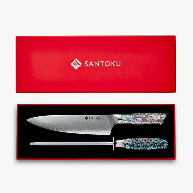 Chikashi Damaskus Chef Knife & Steel Set med Abalone Handle