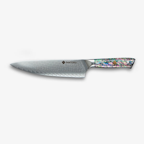 Chikashi Damascus Chef Knife & Steel Set met Abalone handvat