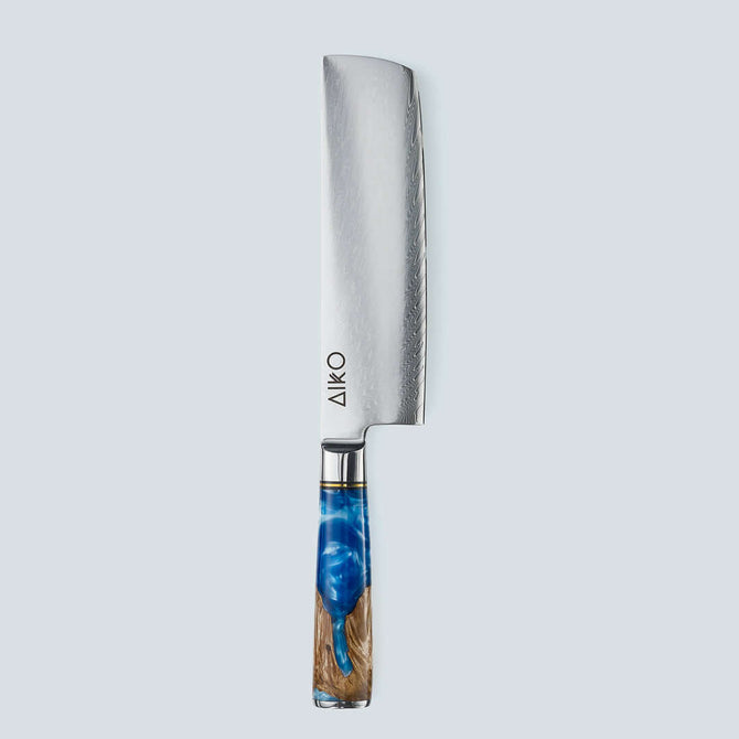 Aiko Blue Damascus stalen mes met gekleurd blauw harshandvat