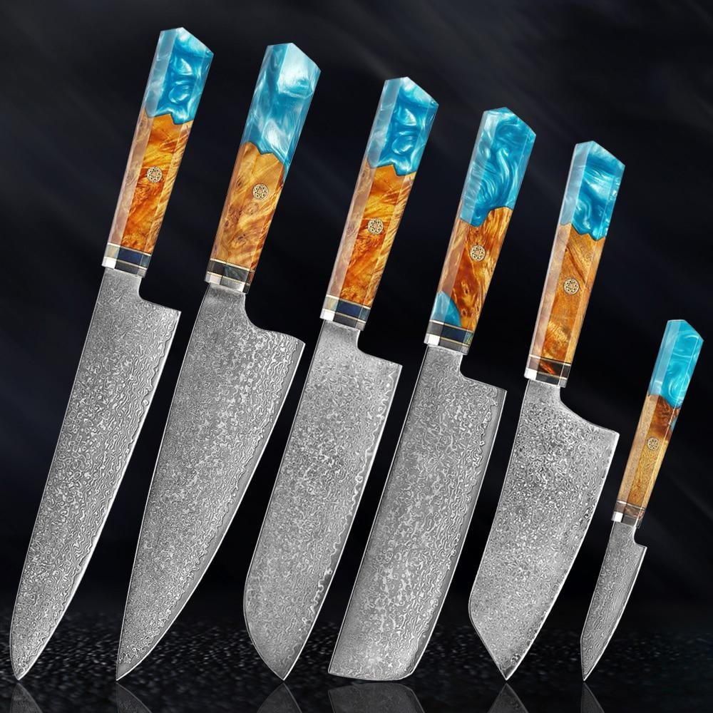 Makito Damaskus stålknive med farvet blå harpikshåndtag
