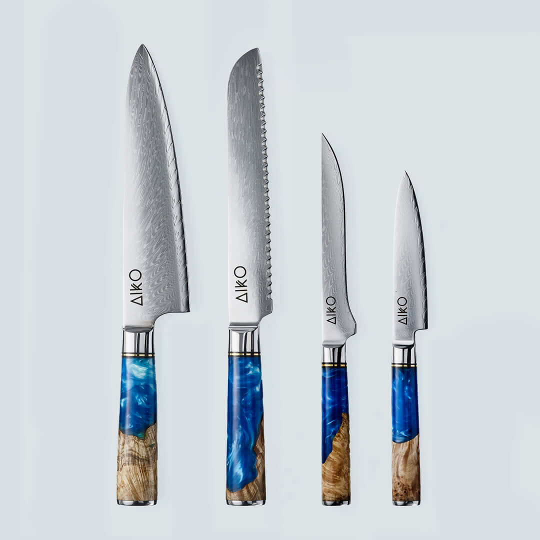 Aiko Blue (あいこ, アイコ) Damaskus stålkniv med farvet blå harpikshåndtag