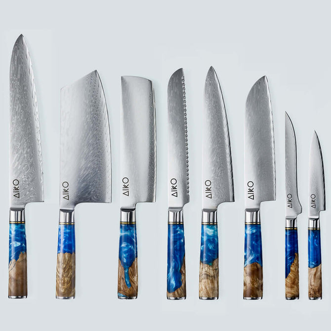 Aiko Blue Damascus stalen mes met gekleurd blauw harshandvat