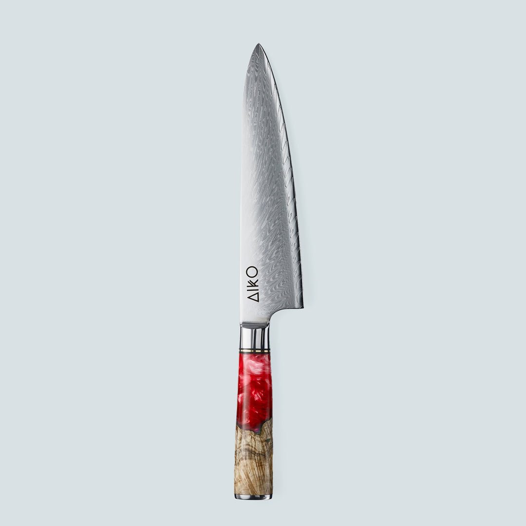 Aiko rød (あいこ, アイコ) Damaskus stålkniv med farvet rødt harpikshåndtag