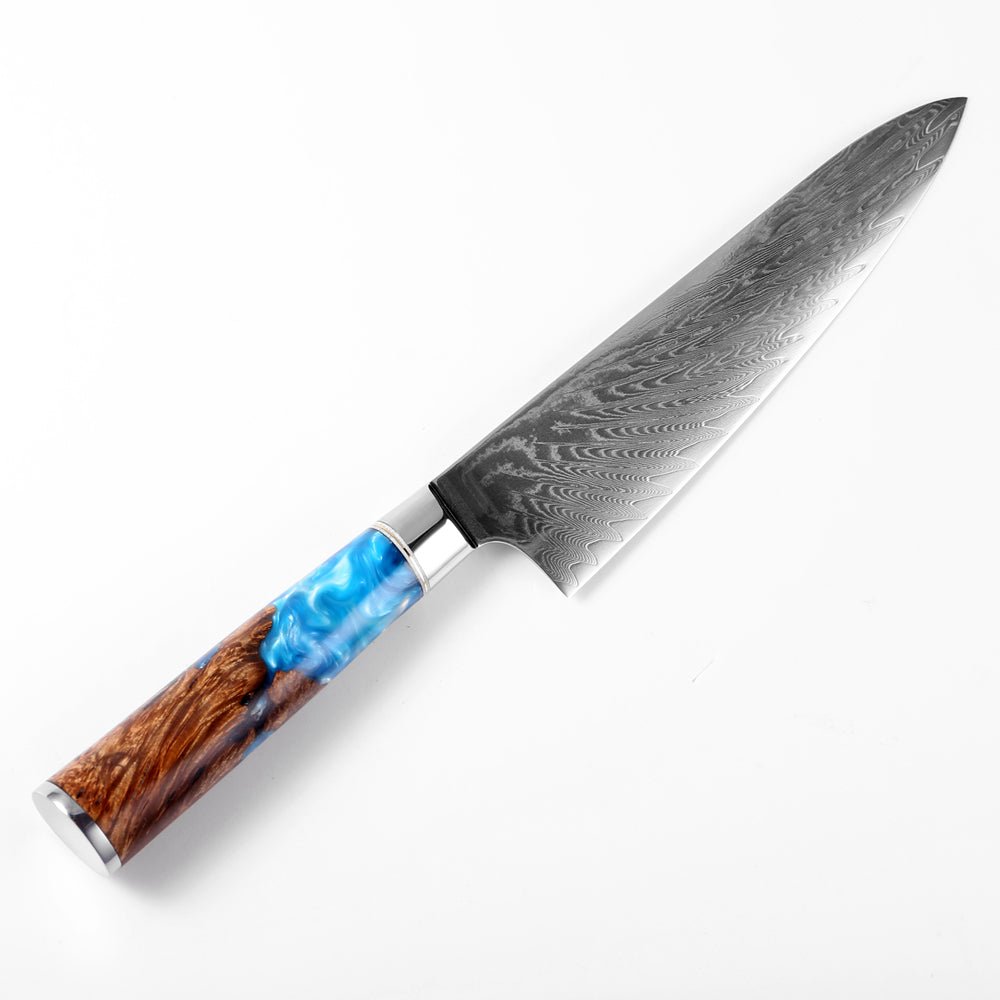 Gyuto (牛刀) Damaskus stålkniv med farvet blå harpikshåndtag