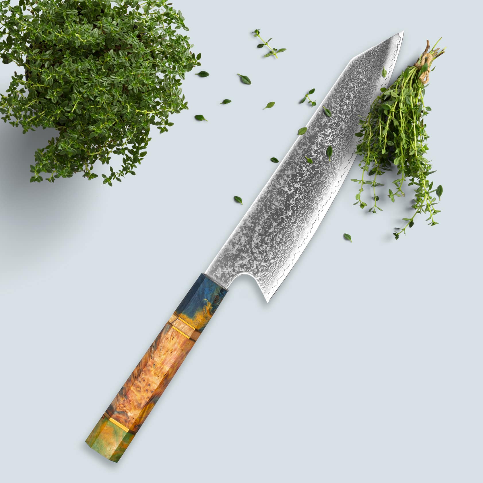 Ichika (いち いち) Damaskus stålkniv med farvet ottekantet håndtag